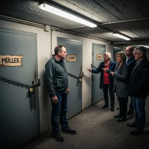 Ein Bewohner wendet sich angespannt von mit Namensschildern versehenen und mit Ketten gesicherten Kellertüren ab, deren umstrittene Nutzung als Sondereigentum die WEG-Gemeinschaft spaltet.