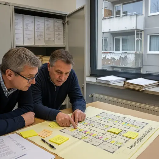 Zwei Eigentümerbeiräte prüfen die Teilungserklärung, um die Zuständigkeit für die Balkon-Instandhaltung in der WEG zu klären.